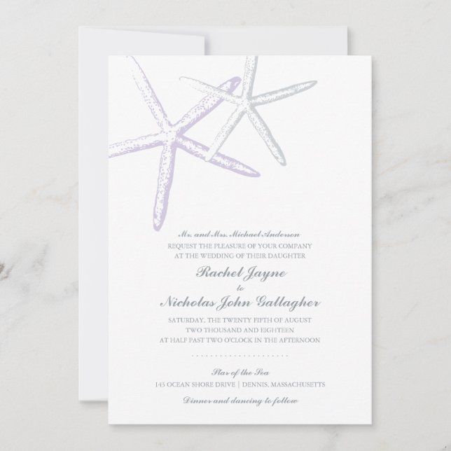 Two Skinny Starfish Lilac Grey | Wedding Invitation (Front)