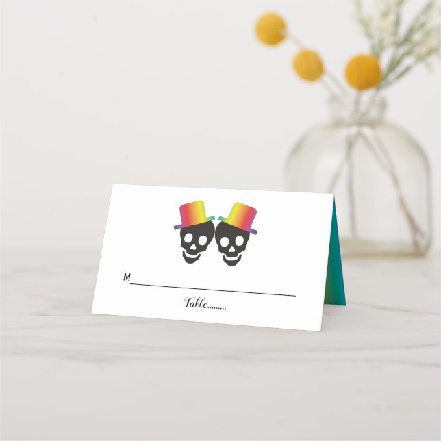 Two skull grooms and confetti gay wedding place card (Front)