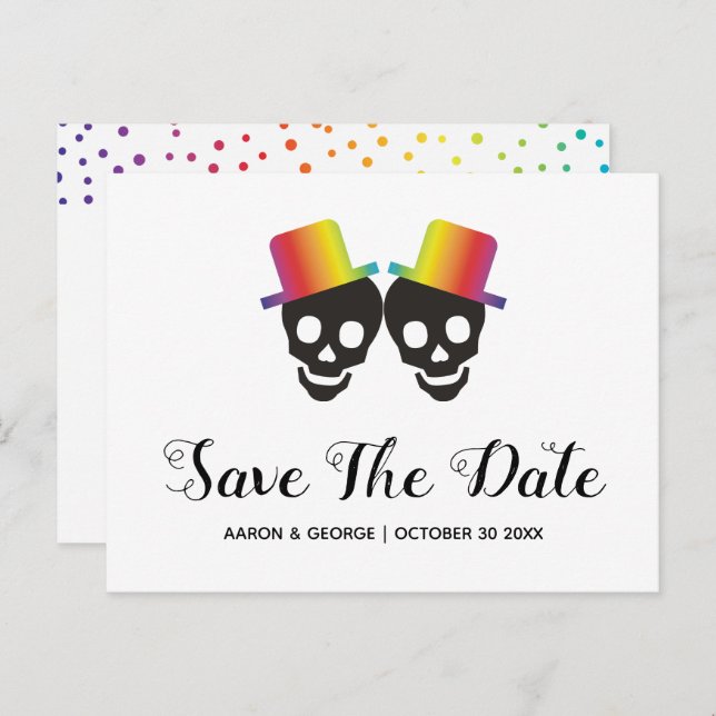 Two skull grooms, confetti gay Save the Date Announcement Postcard (Front/Back)