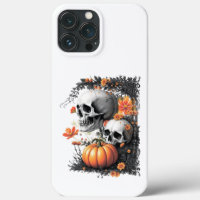 Two skulls and a pumpkin among flowers.