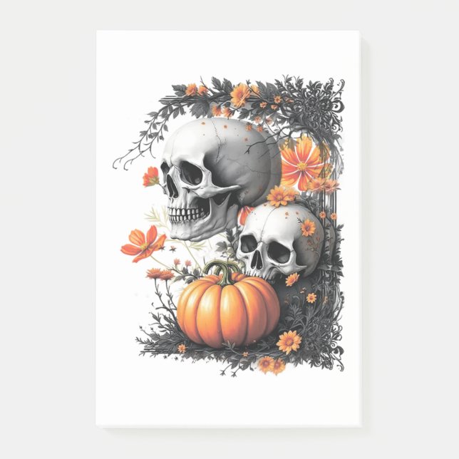Two skulls and a pumpkin among flowers. post-it notes (Front)