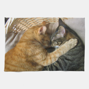 Two Sleeping Tabby Cats Cuddling Tea Towel