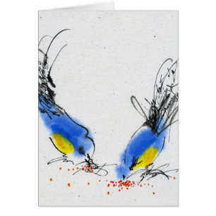 Two small titmouses pecking grain. Calligraphy