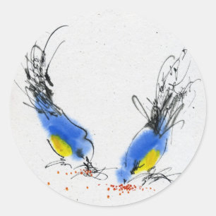 Two small titmouses pecking grain. Calligraphy Classic Round Sticker