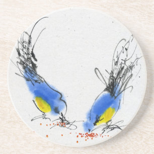 Two small titmouses pecking grain. Calligraphy Coaster