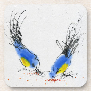 Two small titmouses pecking grain. Calligraphy Coaster