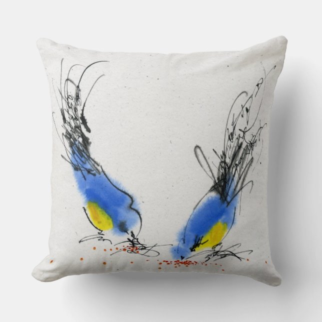 Two small titmouses pecking grain. Calligraphy Cushion (Front)