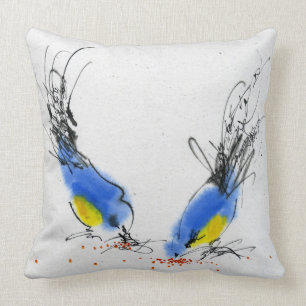 Two small titmouses pecking grain. Calligraphy Cushion
