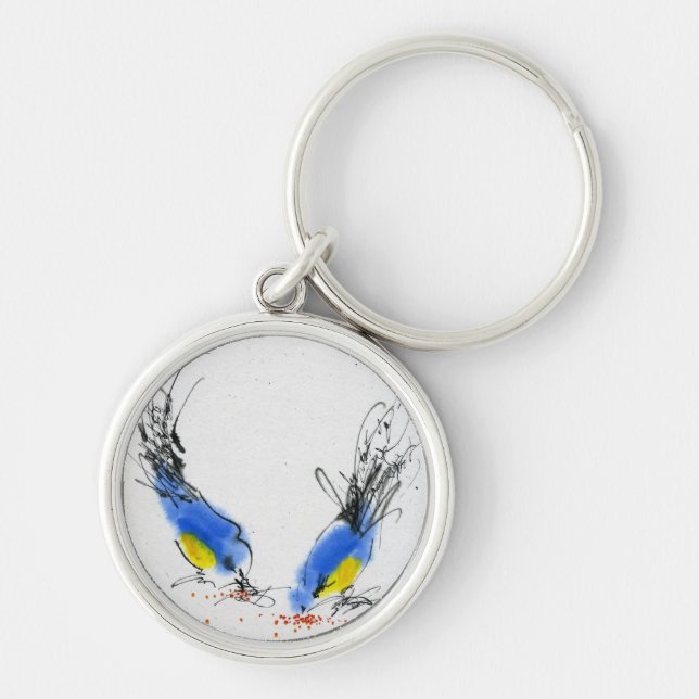 Two small titmouses pecking grain. Calligraphy Key Ring (Front)
