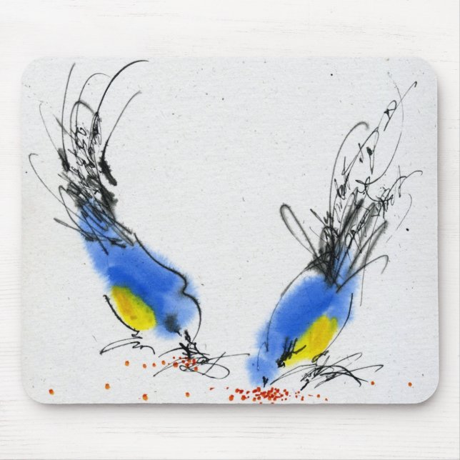 Two small titmouses pecking grain. Calligraphy Mouse Pad (Front)