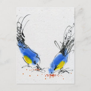 Two small titmouses pecking grain. Calligraphy Postcard