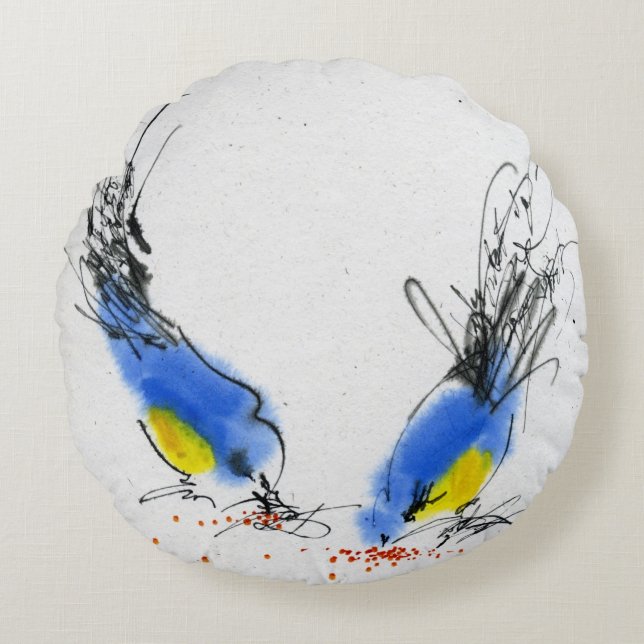 Two small titmouses pecking grain. Calligraphy Round Cushion (Front)