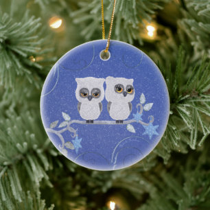 Two small white owls ceramic ornament