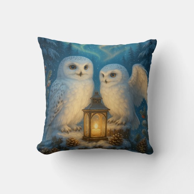 Two snow owls in winter snow cushion (Front)