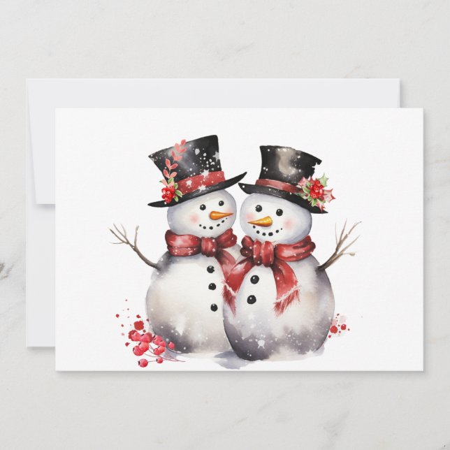 Two Snowman In Top Hats and Red Scarves Holiday Card (Front)
