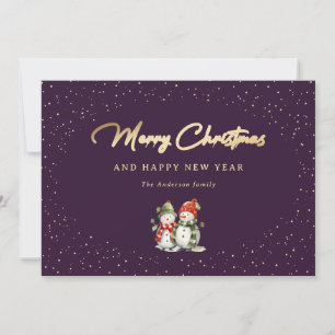 Two Snowmen Purple and Gold Snowy Holiday Card