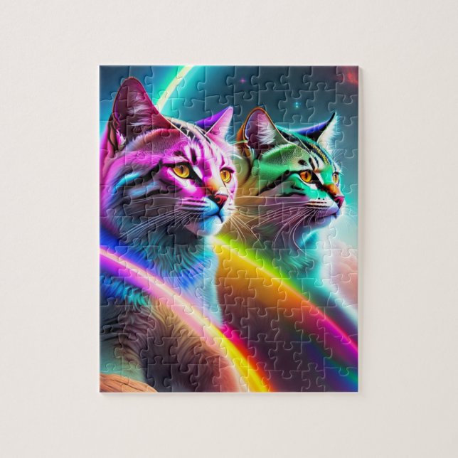 Two Space Cats Neon Lights Colourful Cats Jigsaw Puzzle (Vertical)