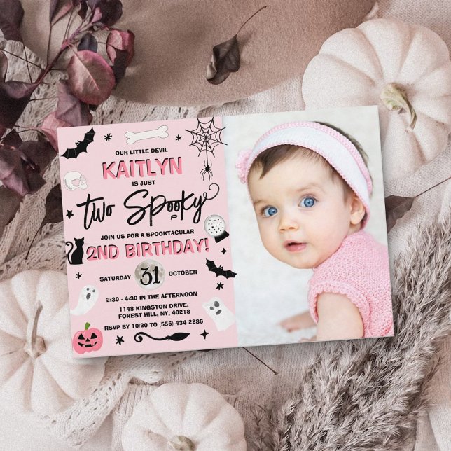 Two Spooky! Girls Halloween 2nd Birthday Photo Invitation (Creator Uploaded)