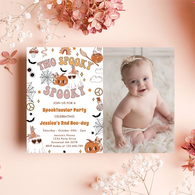 Two Spooky Groovy Halloween Cute Birthday Photo Invitation (Creator Uploaded)