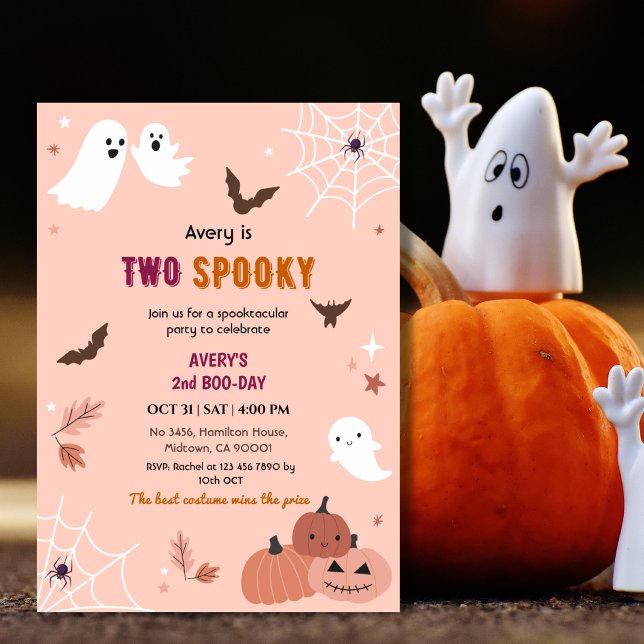 Two Spooky Halloween Birthday Ghost Peach bats Invitation (Creator Uploaded)
