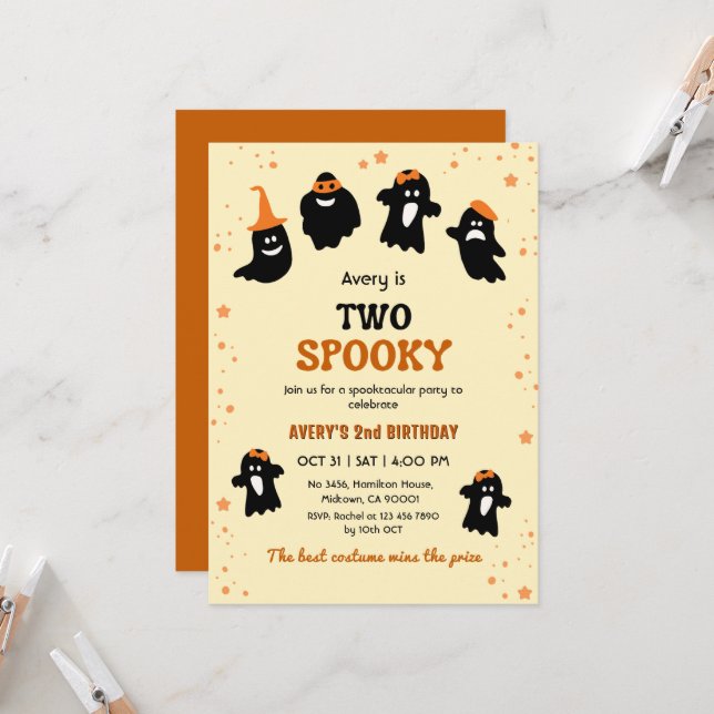 Two Spooky Halloween Birthday Ghost Whimsical Cute Invitation (Front/Back In Situ)