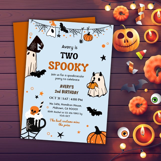 Two Spooky Halloween Birthday Ghost Whimsical Cute Invitation (Creator Uploaded)