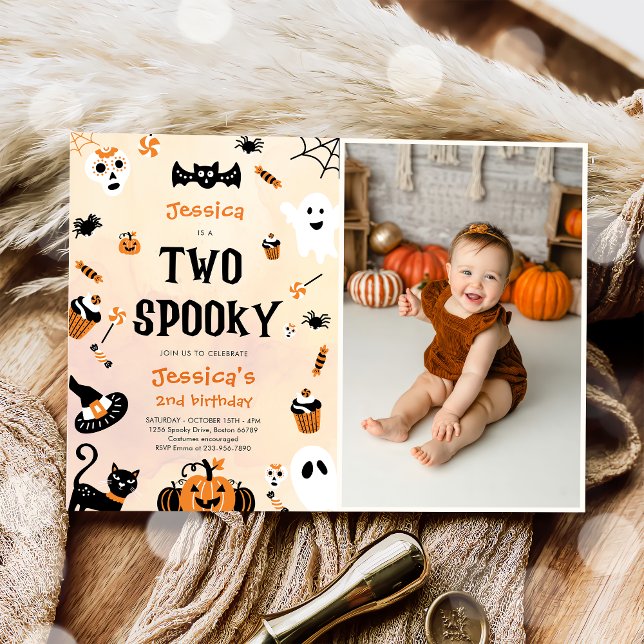 Two Spooky Halloween Cute Ghost Birthday Photo  Invitation (Creator Uploaded)