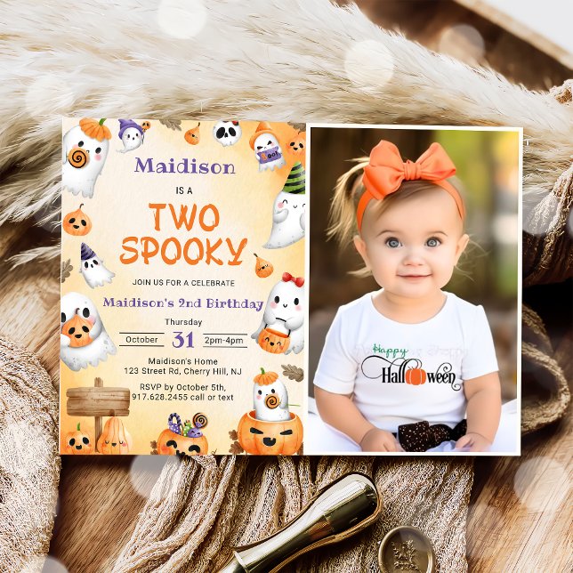 Two Spooky Halloween Cute Ghost Birthday Photo  Invitation (Creator Uploaded)