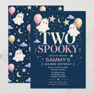 Two Spooky Pink Ghost Halloween 2nd Birthday Invitation