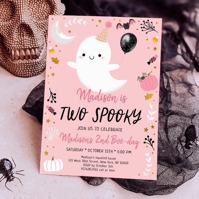 TWO Spooky Pink Ghost Halloween Birthday Invitation (Creator Uploaded)
