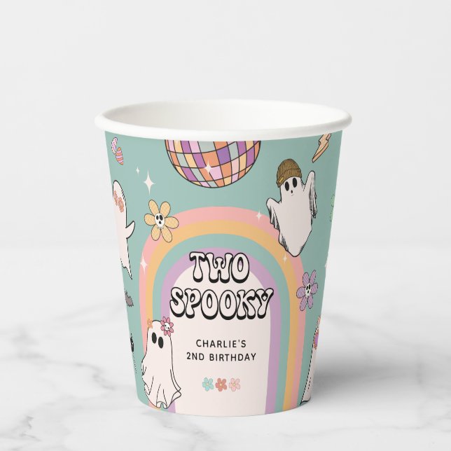 Two Spooky Retro Fun Halloween 2nd Birthday Party Paper Cups (Front)