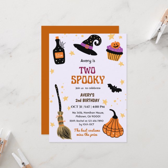 Two Spooky Witch hat broom Halloween 2nd Birthday Invitation (Front/Back In Situ)