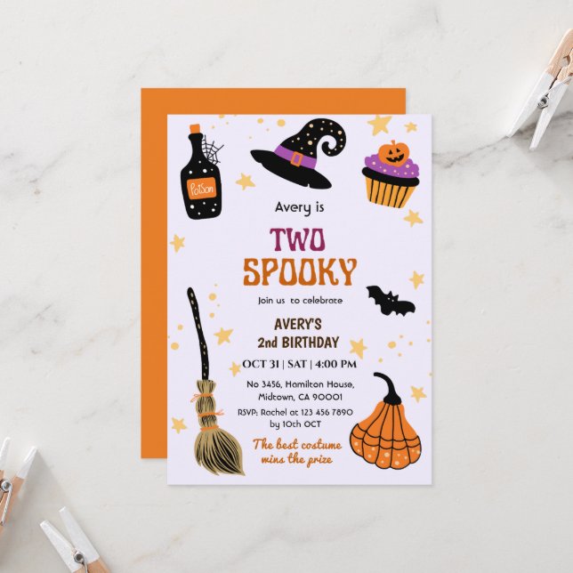 Two Spooky Witch hat broom Halloween 2nd Birthday Invitation (Front/Back In Situ)