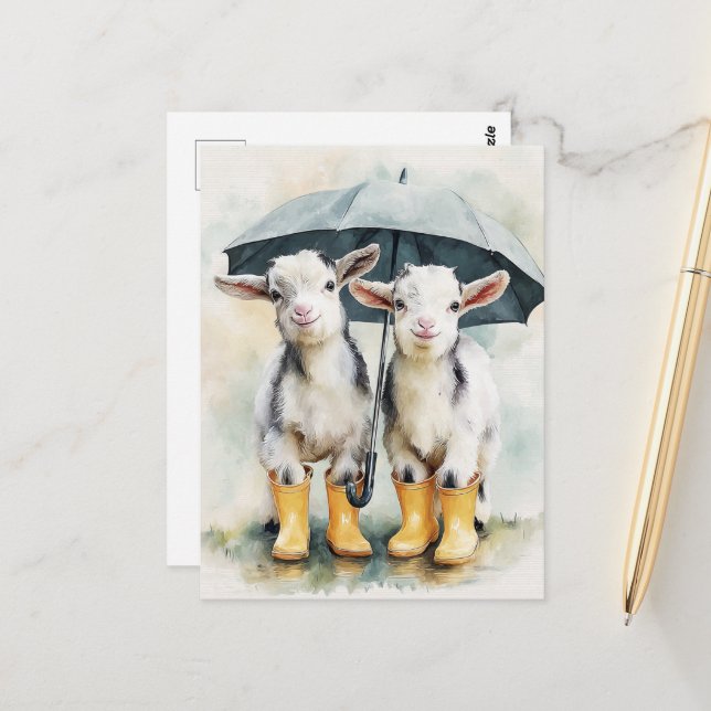 Two Spotted Baby Goats on a Rainy Day Postcard (Front/Back In Situ)