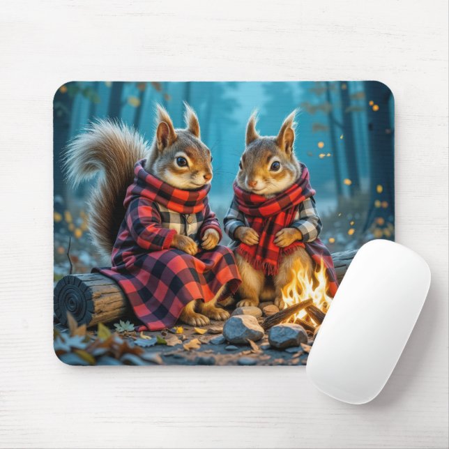 Two Squirrels Enjoying an Autumn Campfire Mouse Pad (With Mouse)