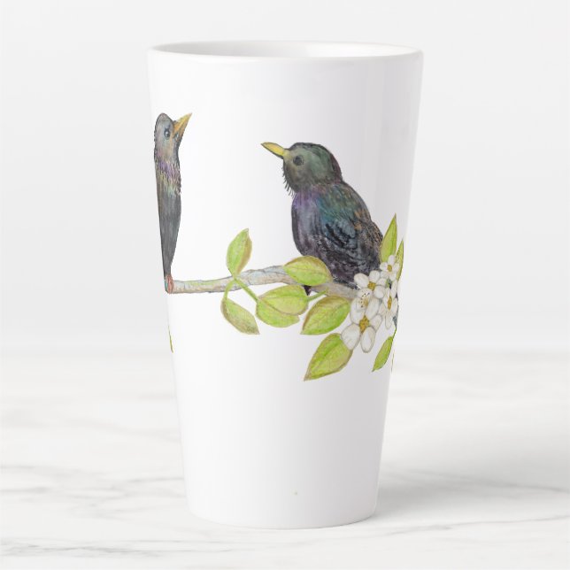 Two Starlings on a Blossoming Branch in Spring  Latte Mug (Front)