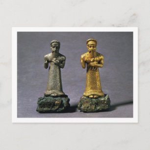 Two statuettes of men carrying offerings of goats, postcard