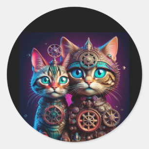 Two Steampunk Kittens Pose Classic Round Sticker