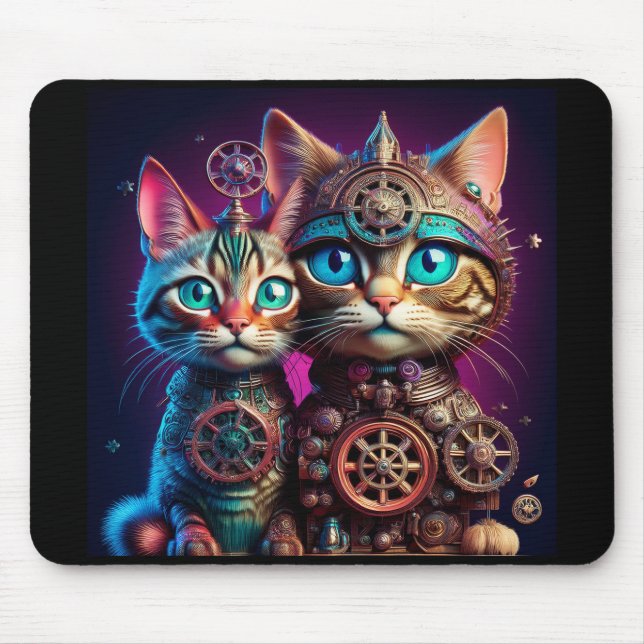 Two Steampunk Kittens Pose Mouse Pad (Front)