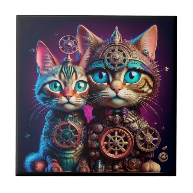 Two Steampunk Kittens Pose Tile (Front)