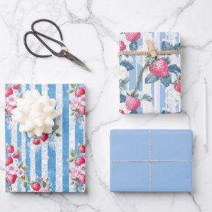 Two Strawberry and One Solid Color Wrapping Paper Sheet