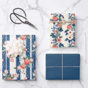 Two Strawberry and One Solid Colour Wrapping Paper Sheet