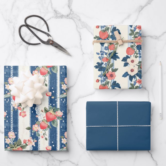 Two Strawberry and One Solid Colour Wrapping Paper Sheet (Front)
