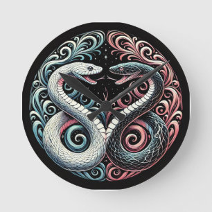 Two stylised snakes round clock