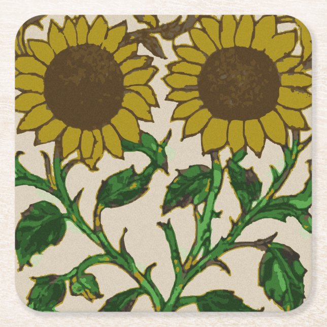 Two Sunflowers Square Paper Coaster (Front)