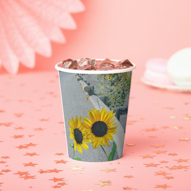 Two Sunflowers walk road together.  Wedding  Paper Cups (Insitu)