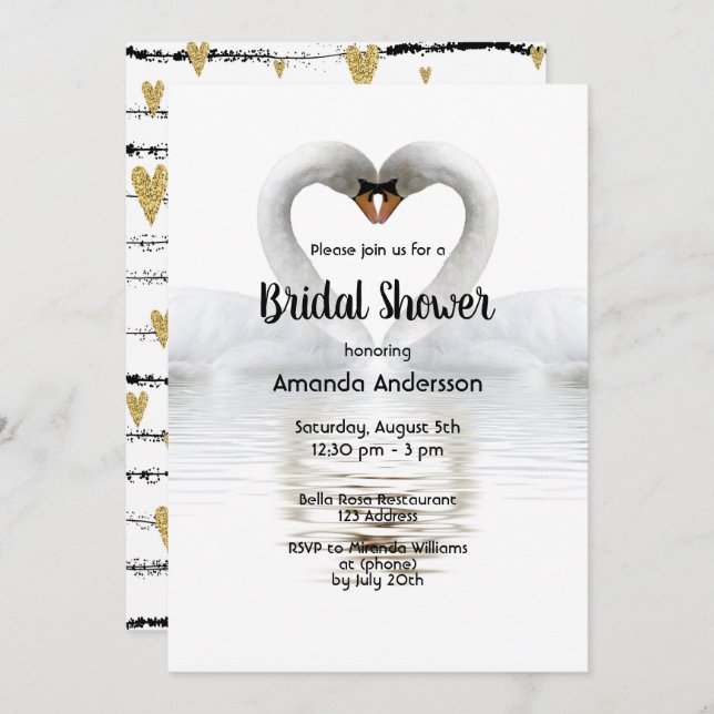 Two swans in love white bridal shower invitation (Front/Back)