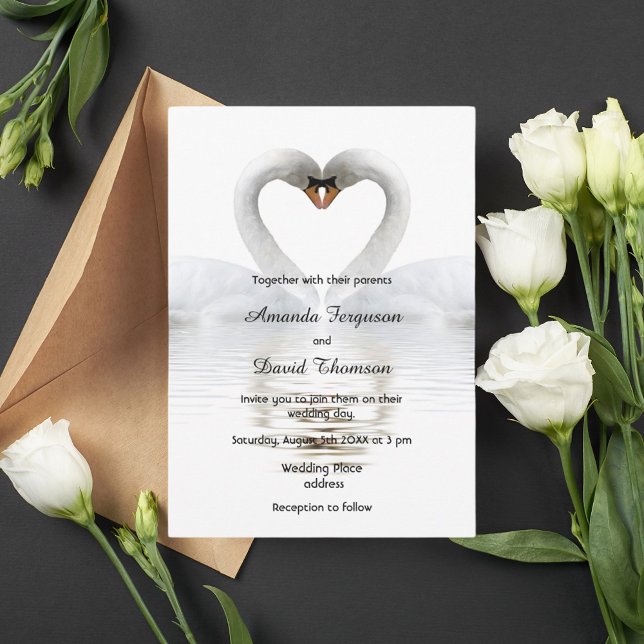 Two swans in love white wedding invitation card (Creator Uploaded)