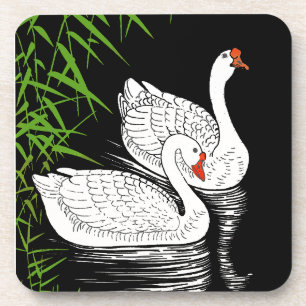 Two Swans on a Pool - White on a Black Background  Coaster