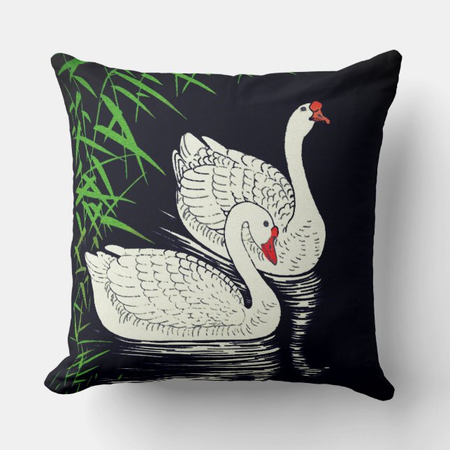 Two Swans on a Pool - White on a Black Background  Cushion (Front)
